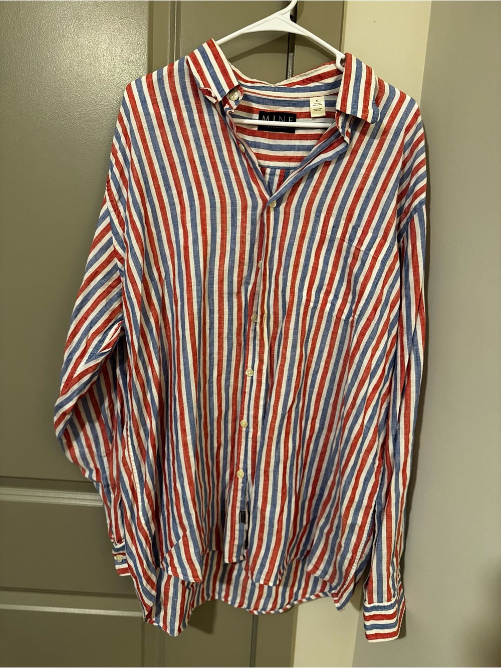 MINE 100% Linen Multicolor Red White Blue Striped Button-Down Shirt